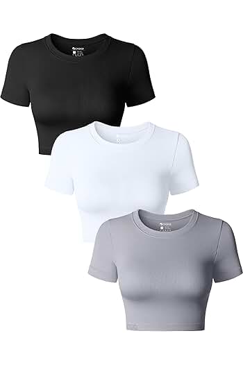 Photo 1 of (M) 3pcs Casual Solid Color Crop Sleeve Crop Top For Women, Summer Slim Fit T-Shirt- MEDIUM