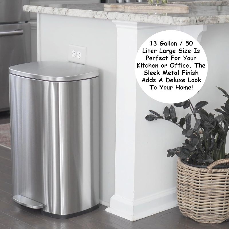 Photo 5 of (READ FULL POST) Homie 13 Gallon Kitchen Trash Can Soft Close with Anti - Bag Slip Liner and Lid, Use as Garbage Basket, Tall Dust Bin, or Decor in Bathroom, Restroom, Kitchen, or Bedroom (Brushed Stainless Steel)
