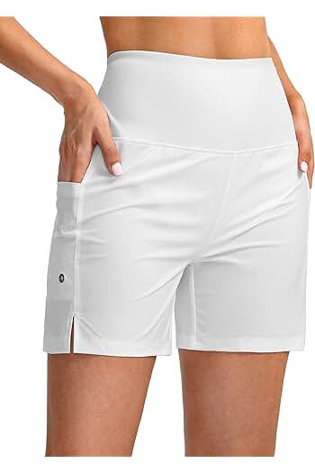 Photo 1 of  G Gradual Women's 5" High Waisted Swim Board Shorts with Phone Pockets UPF 50+ Quick Dry Beach Shorts for Women with Liner(White,SMALL
