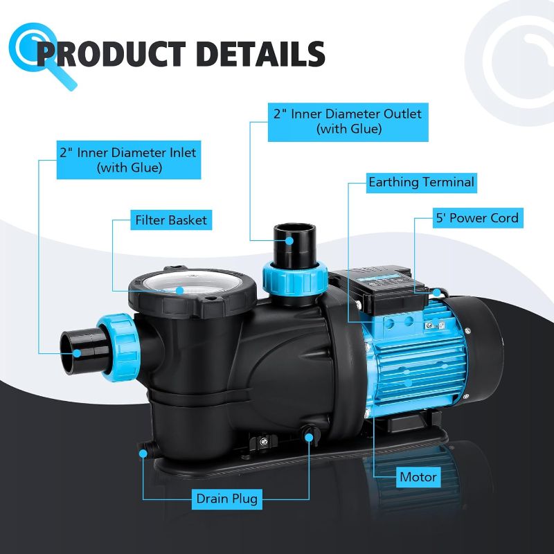 Photo 3 of (READ FULL POST) 1.5 HP Pool Pump Inground, 5790GPH Above Ground Swimming Pool Pump, 115V High Flow Single Speed Powerful Self Priming Pool Pumps with Strainer Basket, Energy Saving, Low Noise
