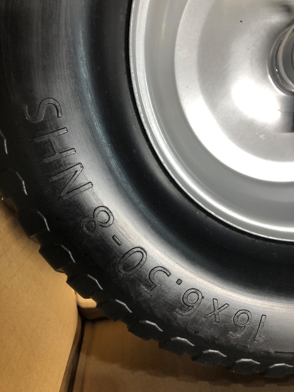 Photo 6 of ***USED - LIKELY MISSING PARTS - UNABLE TO VERIFY FUNCTIONALITY***
(2-Pack) 16x6.50-8 Tire and Wheel Flat Free - Solid Rubber Riding Lawn Mower Tires and Wheels - With 3" Offset Hub and 3/4" Bushings - 16x6.5-8 Tractor Turf Tire Turf-Friendly 3mm Treads
