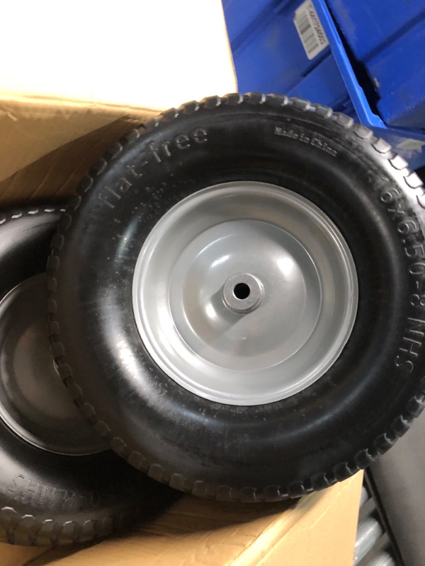 Photo 3 of ***USED - LIKELY MISSING PARTS - UNABLE TO VERIFY FUNCTIONALITY***
(2-Pack) 16x6.50-8 Tire and Wheel Flat Free - Solid Rubber Riding Lawn Mower Tires and Wheels - With 3" Offset Hub and 3/4" Bushings - 16x6.5-8 Tractor Turf Tire Turf-Friendly 3mm Treads
