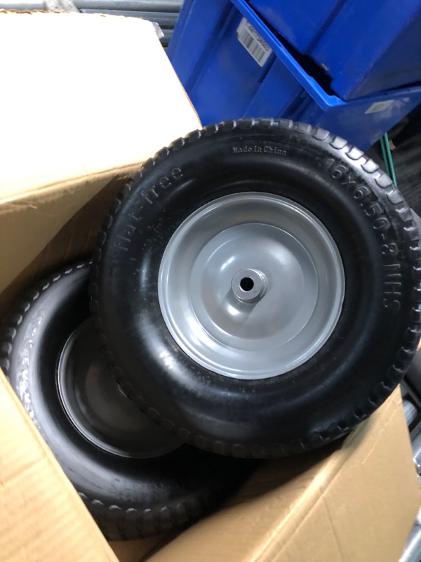 Photo 2 of (2-Pack) 16x6.50-8 Tire and Wheel Flat Free - Solid Rubber Riding Lawn Mower Tires and Wheels - With 3" Offset Hub and 3/4" Bushings - 16x6.5-8 Tractor Turf Tire Turf-Friendly 3mm Treads
