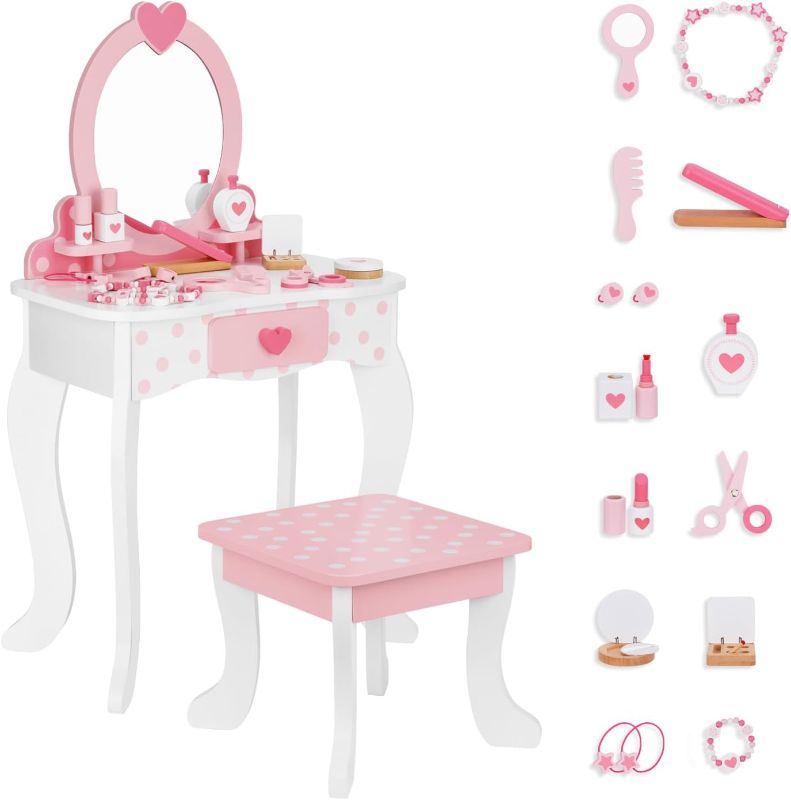 Photo 1 of **MINOR DAMAGE**READ NOTES**
Kids Vanity Set,Table & Chair Vanity Set with Mirror includes 15 pcs,  Pink