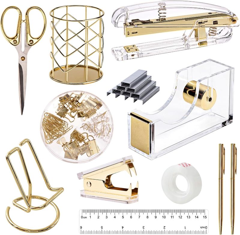 Photo 1 of (READ FULL POST) EOOUT Gold Office Supplies Set Desk Accessories, Acrylic Stapler Set Staple Remover, Phone Holder, Tape Holder, Pen Holder, 2 Ballpoint Pen, Scissor, Binder Clips, Ruler, Transparent Glue and Staples.
