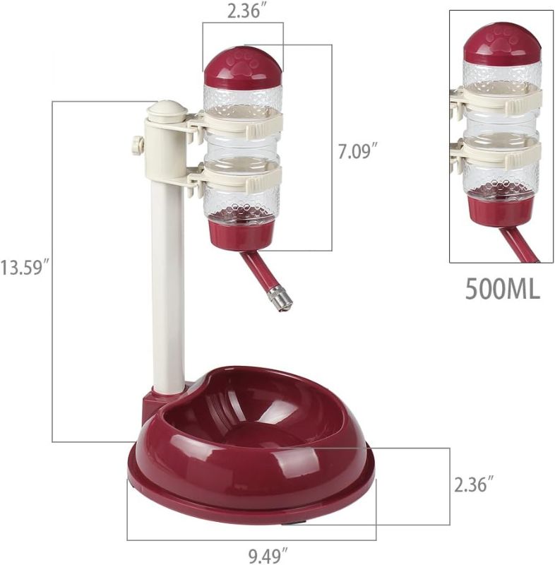 Photo 3 of (READ FULL POST) Dog Water Bottle Dispenser stand, Pet Standing Water Dispenser Bowl for Small Dogs Cage/Crate,3 in 1 Food and Water Feeder for Small Animal Puppy Rabbit Hamster Cat, Hook Adjustable Height-Red