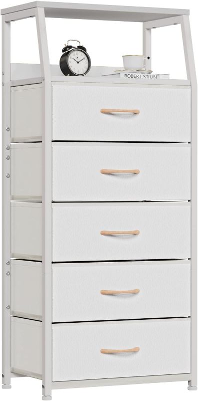 Photo 1 of  White Dresser with 5 Drawers, Vertical Storage Tower Fabric Dresser for Bedroom, Hallway, Entryway, Nursery, Closet Organizer, Nightstand Bedside Table Furniture, Sturdy Steel Frame, Wood Top