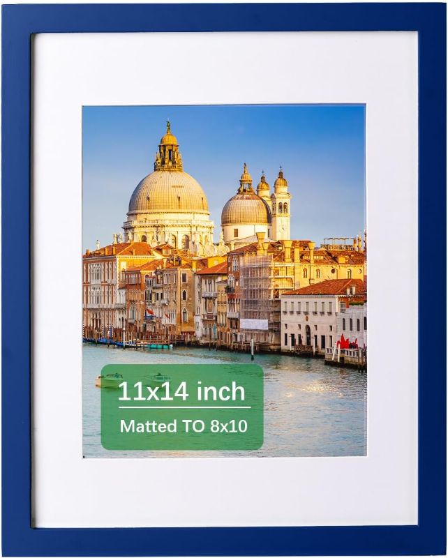 Photo 1 of 11x14 Picture Frame Dark blue Solid Wood Photo Frames Display Pictures 8x10 with Mat or 11x14 Without Mat Colorful Frame For Tabletop Display or Wall