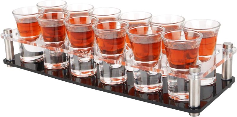 Photo 1 of (similar to stock photo) 1 Ounce Shot Glass Set with Tray, 12 Shot Glasses for Tequila/Vodka/Whiskey/Cocktail, Unique and Convenient Serving Tray - Easily Organize More Attractive Gatherings, Ideal 21st Birthday Gifts