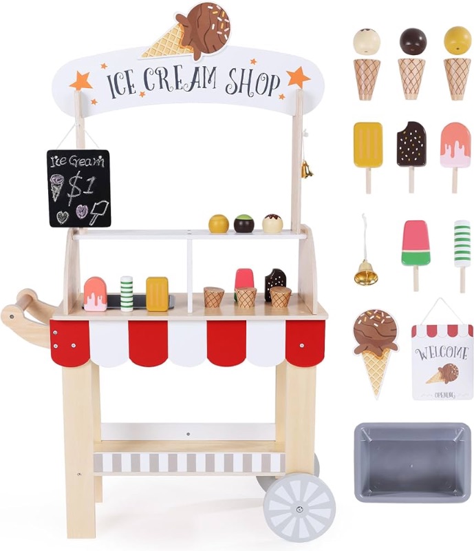 Photo 1 of ***SEE NOTES*** 
labebe Wooden Ice Cream Cart for Kids, Toddler Ice Cream Truck Pull-Along Pretend Play Stand for 3-8Y, Children Role Play ice cream toy Trolley with Blackboard, ringbell, Ice-lolly for 36M+ Girls Boys