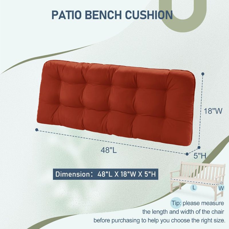 Photo 4 of (read full post) downluxe Outdoor Bench Cushion for Patio Furniture, Waterproof Tufted Overstuffed Porch Swing Cushions, Memory Foam Outdoor Loveseat Cushions, 48" X 18" X 5", Orange, Set of 1
