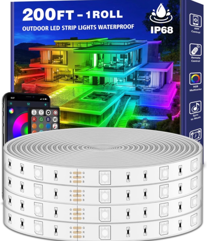 Photo 1 of 200ft Outdoor LED Strip Lights Waterproof 1 Roll,IP68 Outside Led Light Strips Waterproof with App and Remote,Music Sync RGB Exterior Led Rope Lights with Self Adhesive Back for Deck,Balcony,Pool