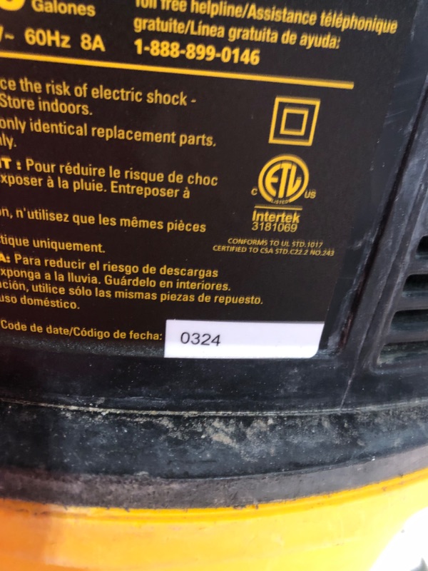 Photo 7 of ***DAMAGED - POWER BUTTON BROKEN OFF - HEAVILY USED AND DIRTY - UNABLE TO TEST - SEE PICTURES***
DEWALT Stealthsonic Quiet 16-Gallons 6.5-HP Corded Wet/Dry Shop Vacuum with Accessories Included Model #DXV16P-QT