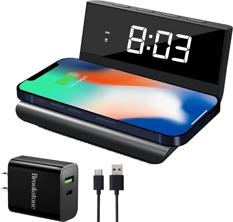 Photo 1 of Brookstone Desk LED Alarm Clock 15W Wireless Charger for iPhone 15 Pro Max/14/13/12, Samsung S23/S22/S21 and AirPods | Wireless Charger Clock | Phone Charger Clock