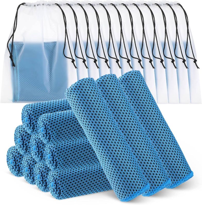 Photo 1 of 12 Pcs Cooling Towels for Face and Neck 12 x 40 Inch Workout Towels for Gym Fast Drying Hot Weather Gym Towels Sweat Rag Cold Cooling Cloth with 12 Bags for Athletes Sport Yoga Golf (Light Blue)
