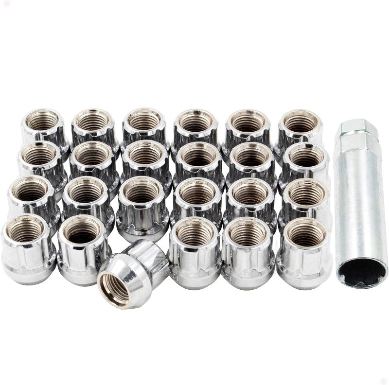 Photo 1 of Wheel Accessories Parts Chrome Lug Nut Kit Set of 32 M14x1.5 Lug Nuts Spline Open End Bulge Acorn M14x1.50 Thread 1.00"(25.4mm) Length Wheel Lug Nuts with Key, fits Silverado, GMC, Ford, Chevy
