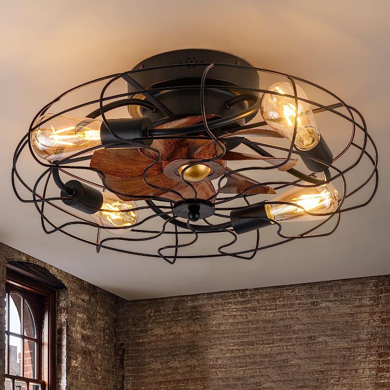 Photo 1 of  21" Low Profile Caged Ceiling Fan with Lights Remote Control, Include Bulbs, Farmhouse Bladeless Small Industrial Black Ceiling Light Fixture for...BLACK/BROWN