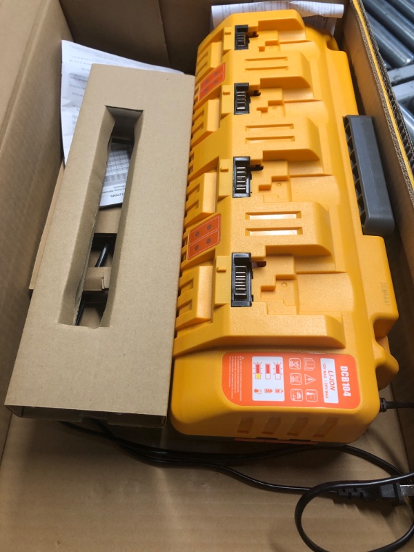 Photo 2 of ***USED - UNABLE TO TEST***
DEWALT 20V MAX* Charger, 4-Port, Rapid Charge (DCB104) , Black/Yellow