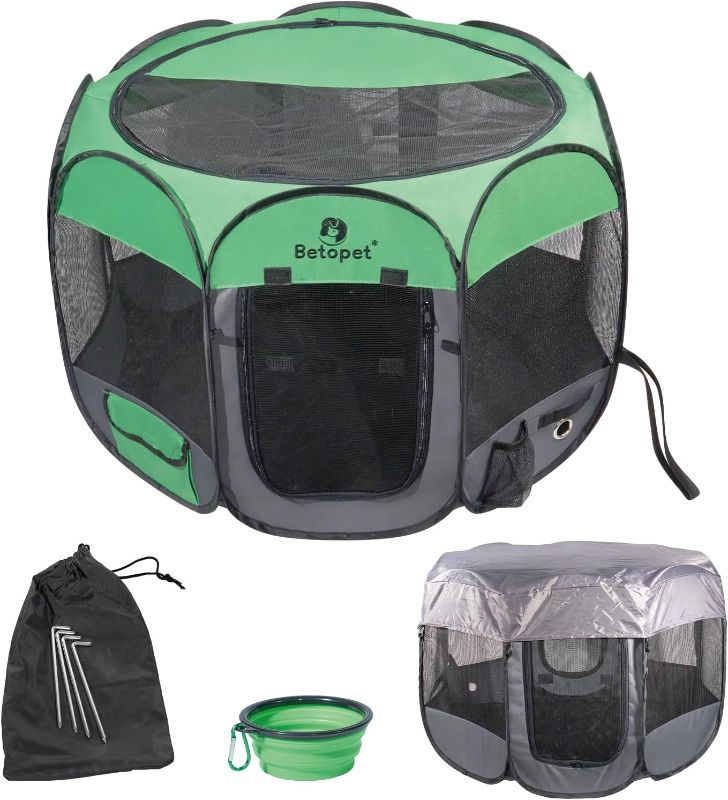 Photo 3 of (36 * 36 * 23 in) ?Upgraded? Portable Pet Playpen (Full Sunshade,4 Stakes) for Puppy, Kitten, Cat, Dog, Rabbit, Indoor/Outdoor Exercise Camping Play Pen with Carrying Case,Travel Bowl,Medium 02-Medium (36*36*23 IN)