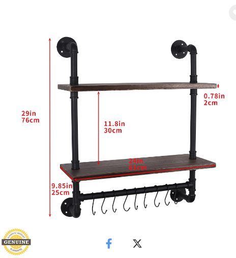 Photo 4 of (READ FULL POST) QTSARTISAN Industrial Pipe Shelving,Iron Pipe Shelves Industrial Bathroom Shelves with Towel bar,24 in Rustic Metal Pipe Floating Shelves Pipe Wall Shelf with Hook Walnut, 24 Inch 2 Tier
