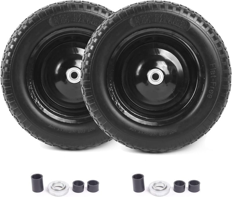 Photo 1 of (2-PACK) 4.80/4.00-8" Flat Free Tire and Wheel - Universal Fit 14.5" Solid Wheelbarrow Tires with 3" Hub and 5/8" Bearings – Extra Adapter kit includes 3/4" Ball Bearings, 1" and 1/2" Nylon Spacers