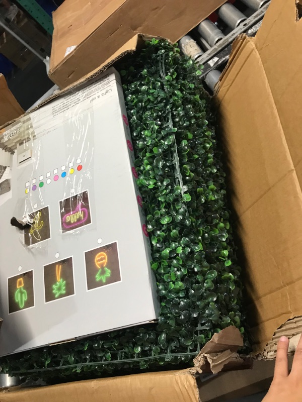 Photo 1 of 12 Pcs 24"x 16" Artificial Grass Wall Panels with Pink Neon Sign Boxwood Hedge Wall Panels for 31 SQ Feet Greenery Backdrop Wall Decor for Indoor Garden Fence Backyard (Style B)