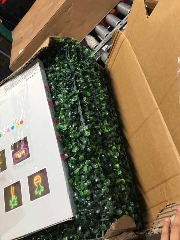 Photo 1 of 12 Pcs 24"x 16" Artificial Grass Wall Panels with Pink Neon Sign Boxwood Hedge Wall Panels for 31 SQ Feet Greenery Backdrop Wall Decor for Indoor Garden Fence Backyard (Style B)