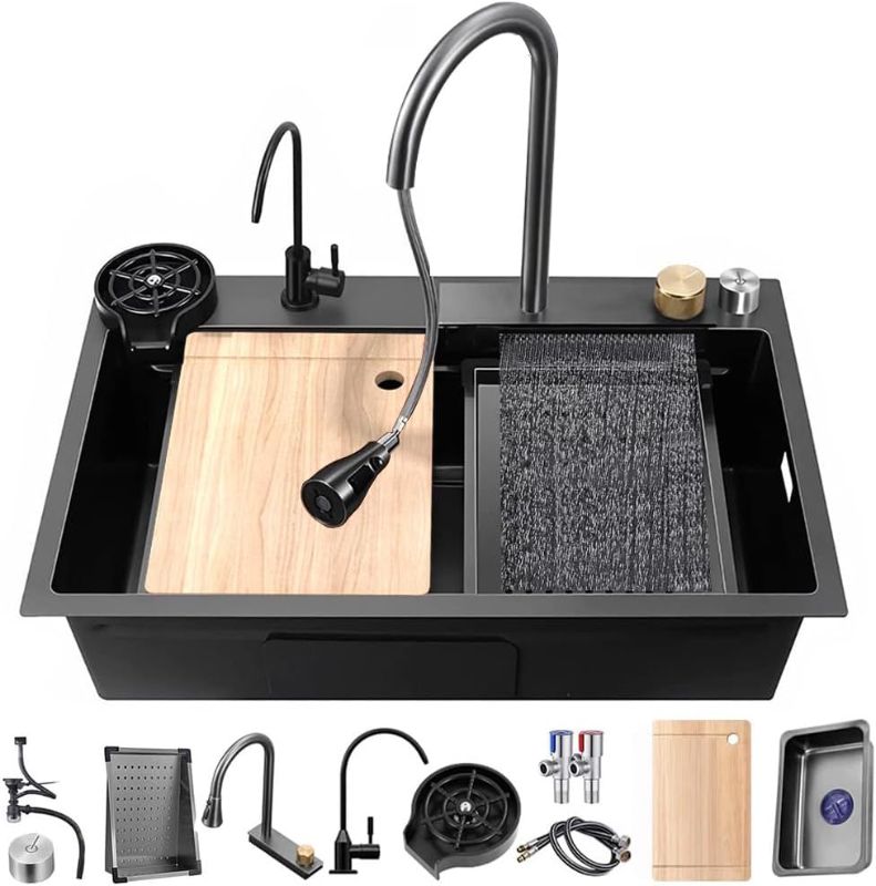 Photo 1 of (READ FULL POST) Black 304 Stainless Steel Nano Undermount/Drop in Waterfall Single Bowl Kitchen Sink With Pull-Out Faucet,Knob Control Workstation Sink Cup Washer,Drainage Basket & Accessories 810X505X280MM
