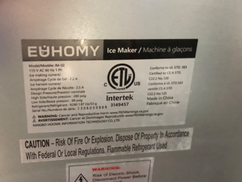 Photo 2 of ***USED - DAMAGED - DOESN'T TURN ON - SEE COMMENTS***
EUHOMY Commercial Ice Maker Machine, 100lbs/24H Stainless Steel Under Counter ice Machine with 33lbs Ice Storage Capacity, Freestanding Ice Maker.
