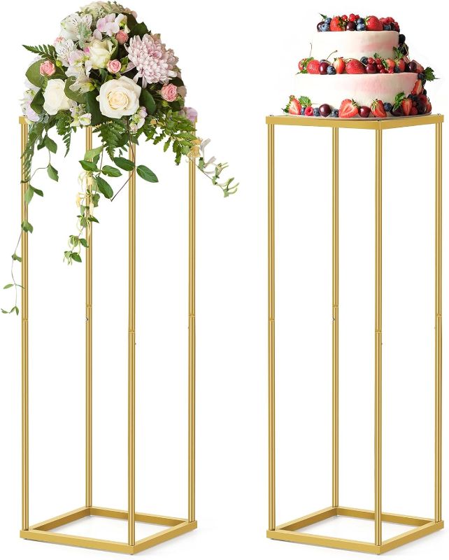 Photo 1 of (Similar to Stock Photo) HEOMU Wedding Centerpieces for Tables with Mesh Plates, 2 Pcs Metal Flower Vases for Centerpieces, 31.5in Column Geometric Pedestal Stand Plant Stand for Party, Weddings, Festival, Home Decor, Gold
