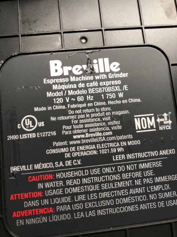 Photo 3 of ***USED - MAJOR DAMAGE - SEE COMMENTS***
Breville Barista Express Espresso Machine BES870BSXL, Black Sesame