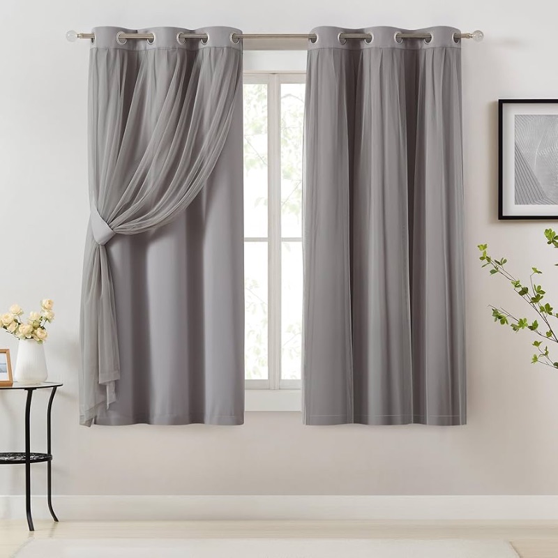 Photo 1 of (READ FULL POST) Grey Blackout Curtains with Sheer Overlay Mix and Match Double Layer Window Curtains Thermal Insulated 63 inch for Living Room Bedroom Gray Drapes with Tiebacks Grommet Top 37" Wx63 Lx2
