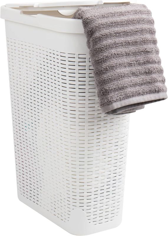 Photo 1 of **DIVIDER MISSING**
Mind Reader 40L Slim Laundry Hamper, Clothes Basket, Lid, Wicker Design, Plastic, 18"L x 10.4"W x 23.5"H, White