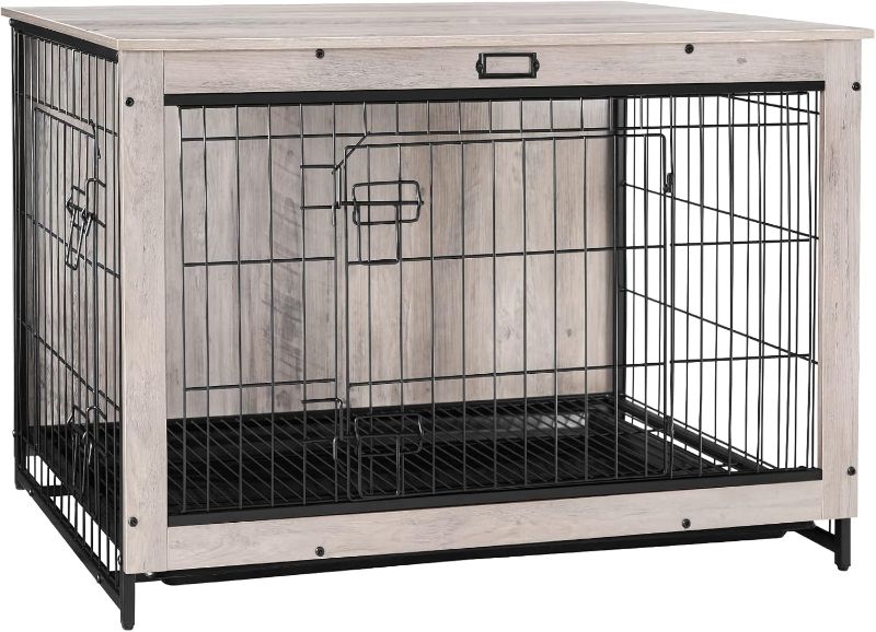 Photo 1 of ***USED - LIKELY MISSING PARTS - UNABLE TO VERIFY FUNCTIONALITY***
HOOBRO Dog Crate Furniture, 38.6" Large Dog Kennel Indoor, Wooden Dog Crate with Pull-Out Tray, Double Doors Dog House, Modern Side End Table for Small/Medium/Large Dog, Greige BG982GW03