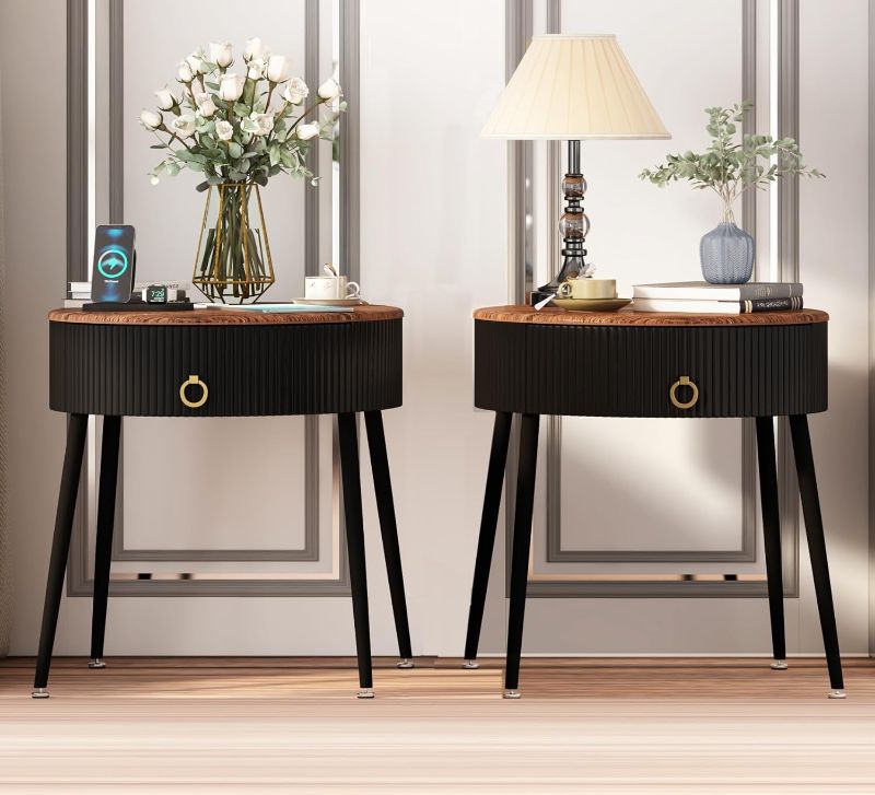 Photo 1 of (MINOR DAMAGE/ SEE NOTES) 
OIOG Side Tables Set of 2, Round Nightstand with Drawer, Modern Bedside End Tables for Small Space, Living Room, Bedroom, Office, Dorm, Rustic Brown and Black