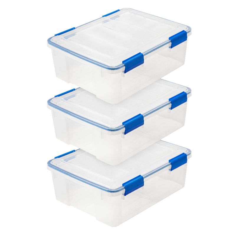 Photo 1 of **read notes** IRIS USA 27 Qt Storage Box with Gasket Seal Lid, 2 Pack - BPA-Free, Made in USA - Heavy Duty Moving Containers with Tight Latch, Weather Proof Tote Bin, WEATHERPRO - Clear/Blue
