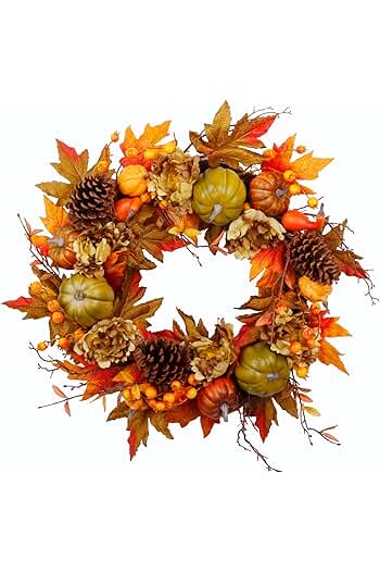 Photo 1 of ***STOCK PHOTO REFERENCE ONLY*** Autumn Artificial Wreath with Pumpkin, Pine Cone, Maple Leaves, Berries, Gift Ideal for Halloween Thanksgiving Home Decoration
