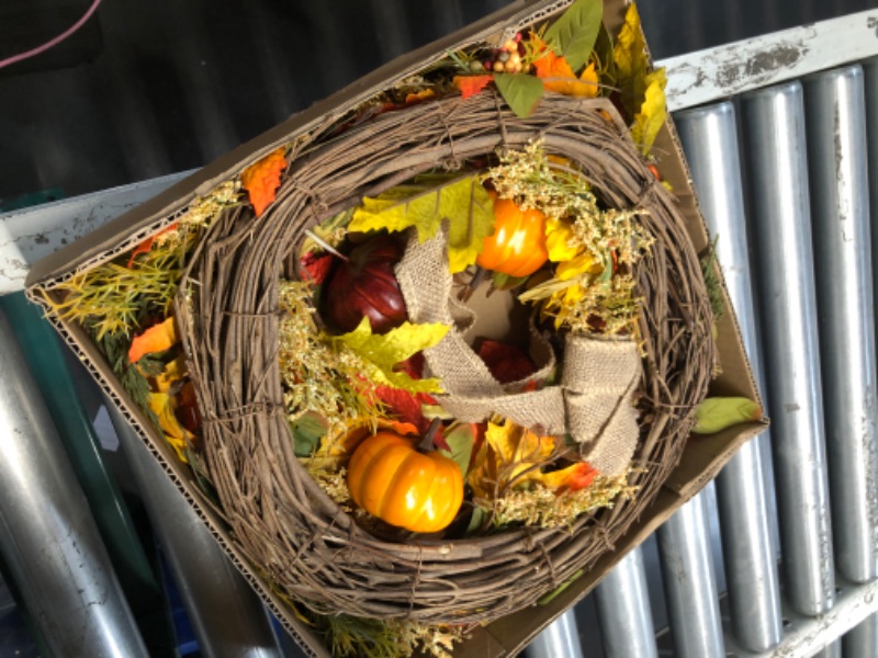 Photo 2 of ***STOCK PHOTO REFERENCE ONLY*** Autumn Artificial Wreath with Pumpkin, Pine Cone, Maple Leaves, Berries, Gift Ideal for Halloween Thanksgiving Home Decoration
