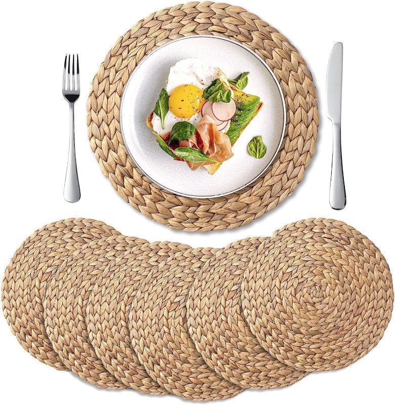 Photo 1 of (READ FULL POST) 6 Pack, Round Woven Placemats, Natural Water Hyacinth Place mats, Braided Straw Table Mats for Dining Table, Christmas Placemats Set of 6 (15 inch)