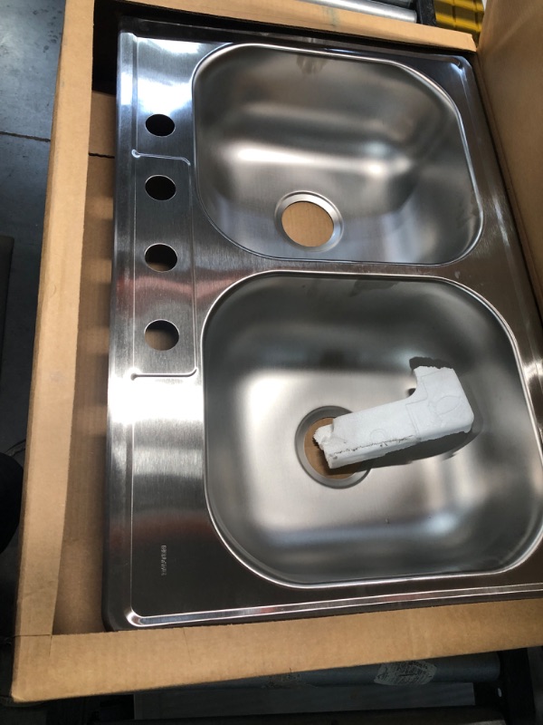 Photo 2 of ***DAMAGED - SCRATCHED - SEE PICTURES - LIKELY MISSING PARTS***
Elkay Dayton 33in. Drop-in 2 Bowl 22 Gauge Satin Stainless Steel Sink Only and No Accessories