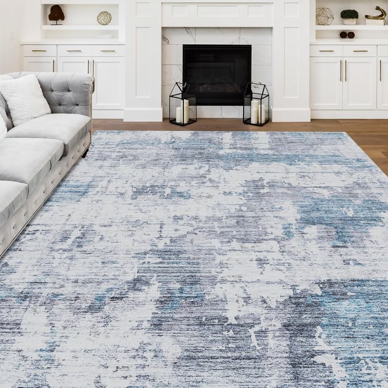 Photo 1 of Area Rug for Living Room, 9x12 Large Area Rug Soft Machine Washable Rug Non-slip Low-pile Carpet for Bedroom Modern Abstract Rug Non Shedding Carpet for Dining Room Blue Grey