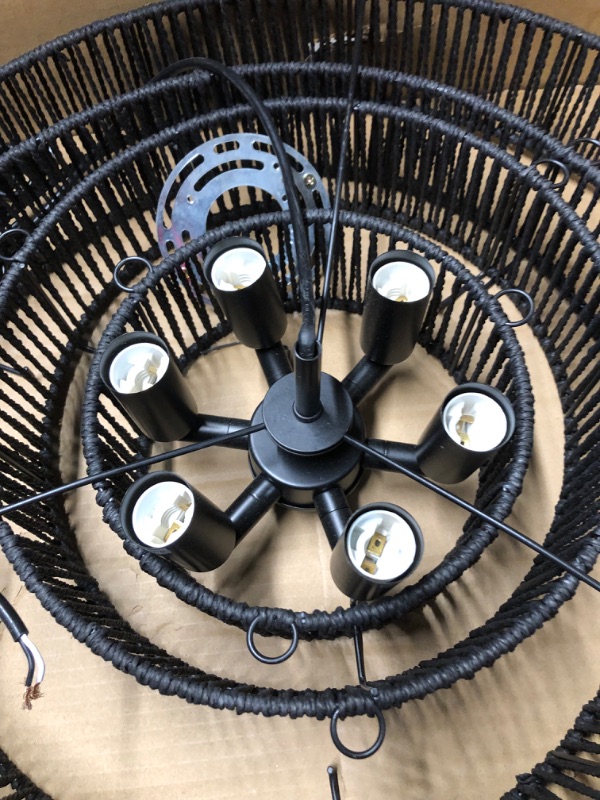 Photo 3 of Black Hand-Woven Rattan Chandelier Vintage Farmhouse 6-Lights Boho 19.7" Bamboo Black Chandelier Light Fixture Retro 4-Tier Drum Wicker Chandelier for Dining Room, Kitchen, Living Room, E12 4-Tier Black