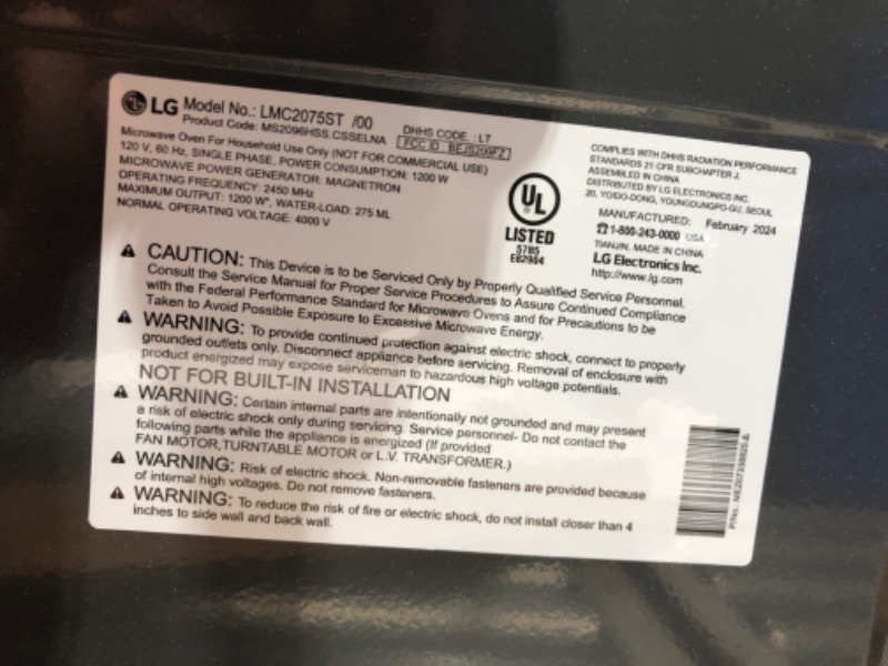 Photo 7 of ***USED - POWERS ON - UNABLE TO TEST FURTHER***
LG NeoChef LMC2075ST 2.0 Cu. Ft. Countertop Microwave with Sensor Cooking and EasyClean