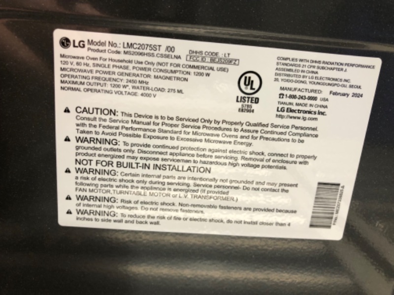 Photo 6 of ***USED - POWERS ON - UNABLE TO TEST FURTHER***
LG NeoChef LMC2075ST 2.0 Cu. Ft. Countertop Microwave with Sensor Cooking and EasyClean