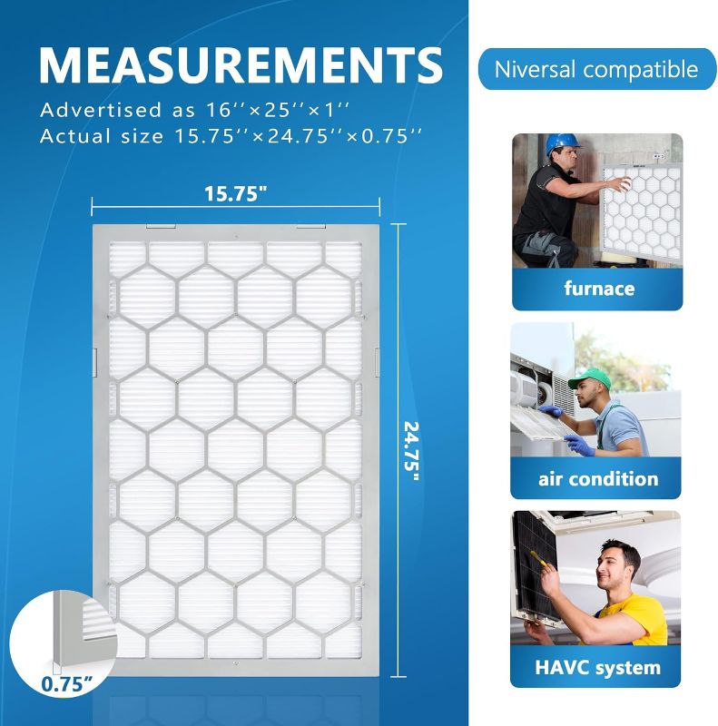 Photo 1 of 16x25x1 MERV 8 Air Filter,AC Furnace Air Filter,Reusable ABS Plastic Frame, 3 Included Replaceable Filter Media (Actual Size: 15 3/4" x 24 3/4" x 3/4")
