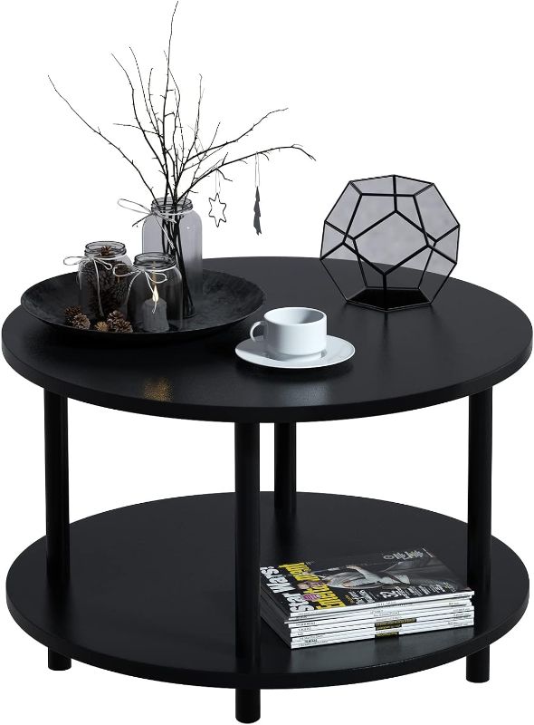 Photo 1 of Small Round Coffee Table with Open Storage for Small Space, 23.5" Black 2-Tier Wooden Center Table for Living Room, Metal Legs
