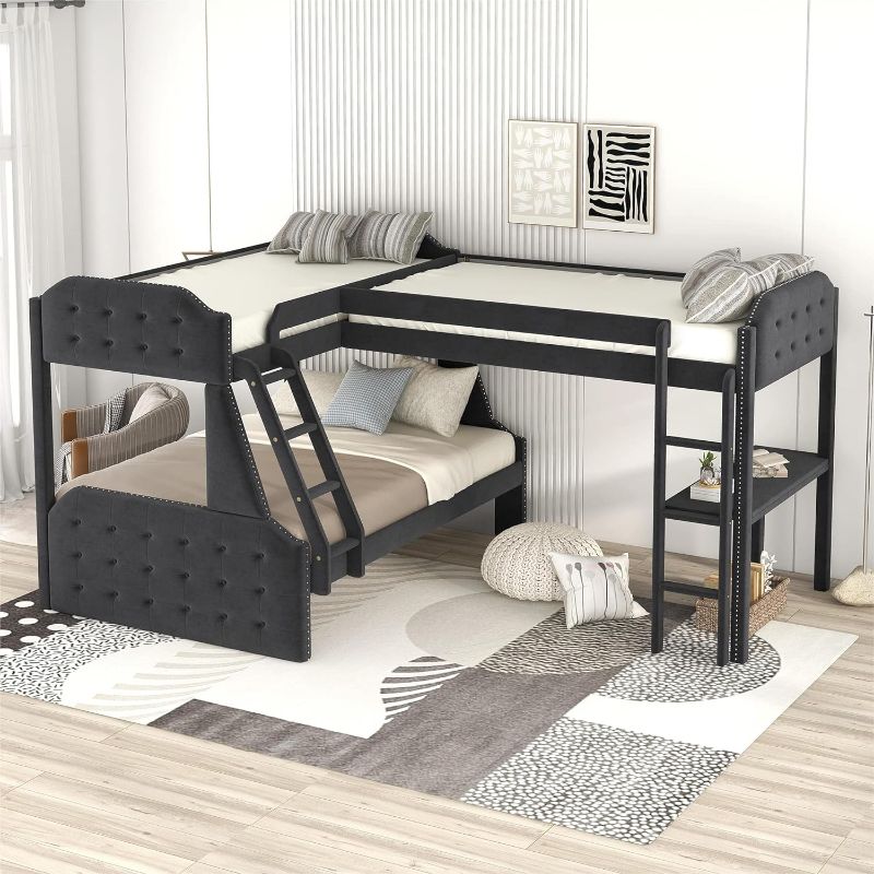 Photo 1 of **BOX TWO OF THREE** Triple Bunk Bed, L Shaped Twin Over Full Upholstered Bunk Bed and Twin Size Loft Bed with Desk, 3 Bunk Beds for Kids Teens Adults, Black
