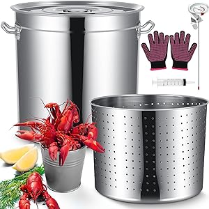 Photo 1 of Stainless Steel Seafood Boil Pot with Basket, Stock Pot with Strainer Turkey Fryer Crab Crawfish Lobster Boil Pot with Injector Thermometer and High Temperature Resistant Gloves Kit