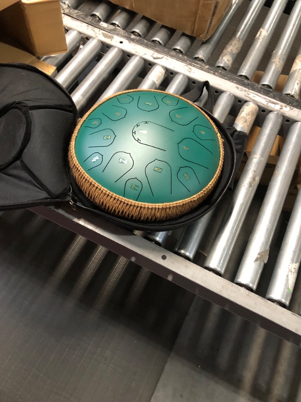 Photo 2 of Steel Tongue Drum - HOPWELL 15 Note 14 Inch Tongue Drum - Hand Pan Drums with Music Book, Steel Handpan Drum Mallets and Carry Bag, D Major (Green)
