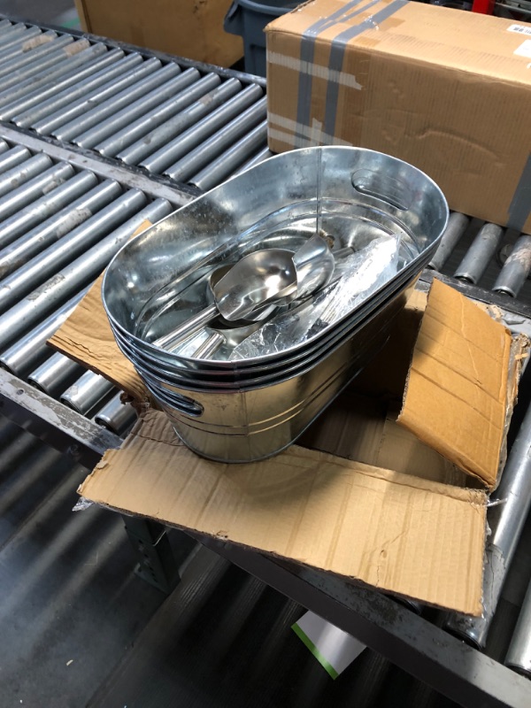 Photo 2 of 4 Pieces Galvanized Metal Drink Cooler Beverage Tubs Insulated Drink Tub with 4 Ice Scoop and 4 Stainless Steel Tongs 4 Gallons Beverage Ice Tubs
